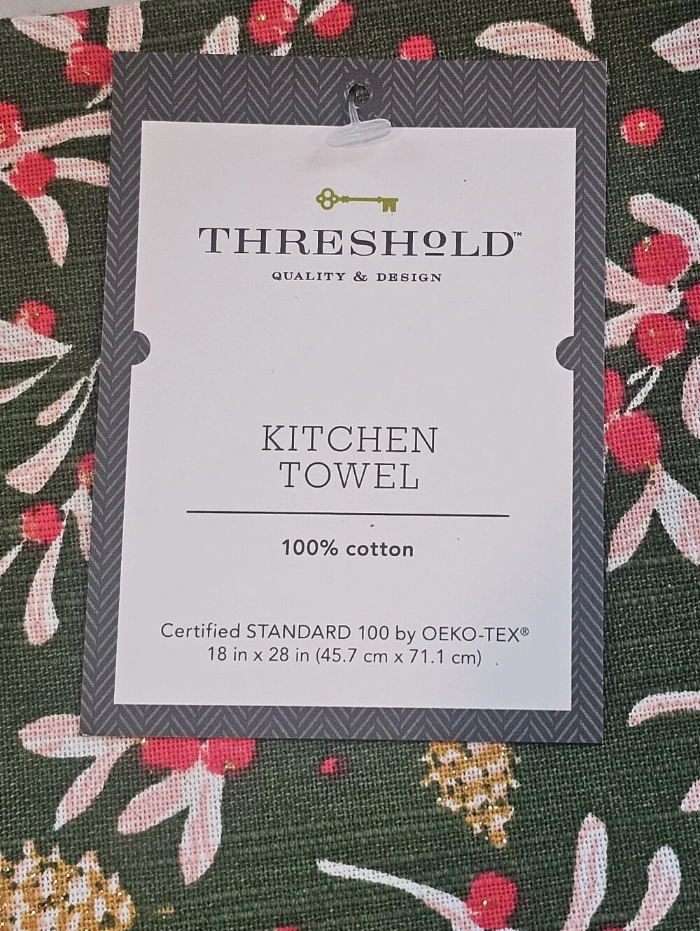 Threshold 3 Pack Cotton Kitchen Towel Green with Winter Berries